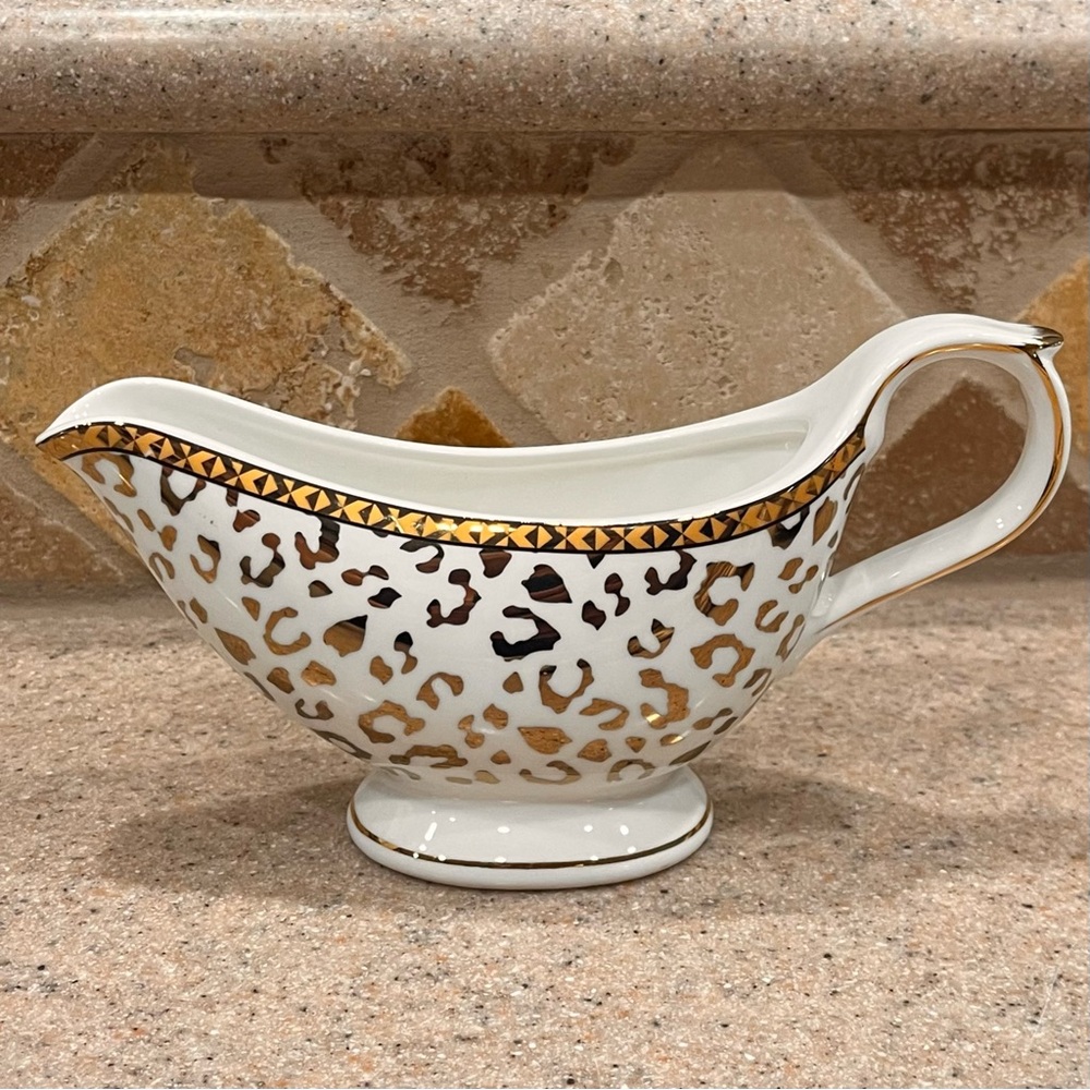 Grace Teaware Leopard Gravy Boat Gold Print Porcelain Dishwasher Safe NWOT